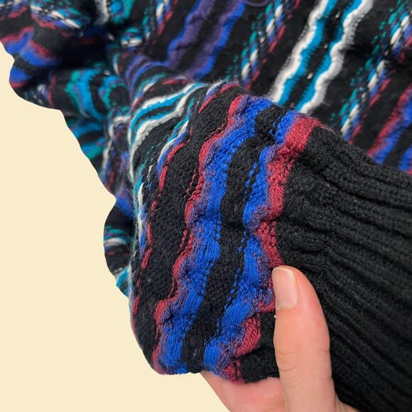 Vintage XL 90s abstract sweater w/ wavy stripes by Concrete, blue/teal pullover - Picture 6 of 8